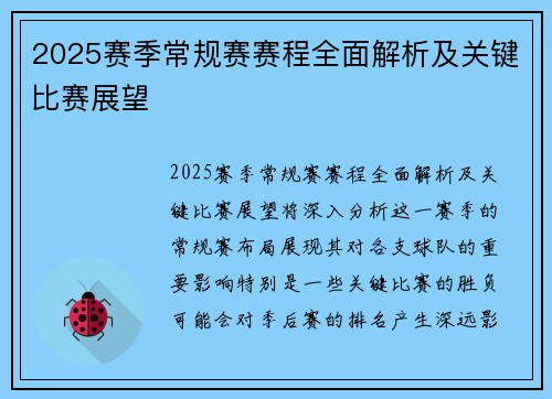2025赛季常规赛赛程全面解析及关键比赛展望